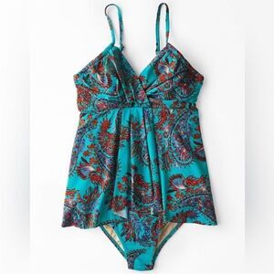 Garnet Hill Ruched-Overlay One-Piece Swimsuit Boho Paisley Women’s Size 2